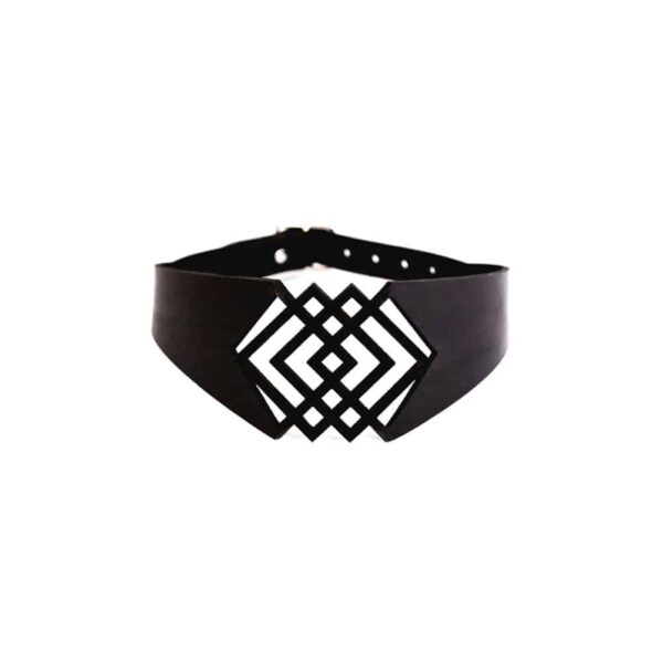 Collier choker en cuir noir dentelle formes carrés BLASTED SKIN chez Brigade Mondaine