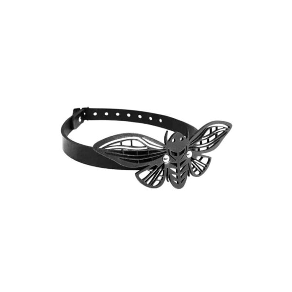 Black leather choker necklace lace moth BLASTED SKIN at Brigade Mondaine