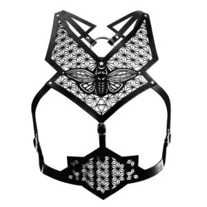 Black vegetable leather harness with butterfly pattern front view of Blasted Skin at Brigade Mondaine