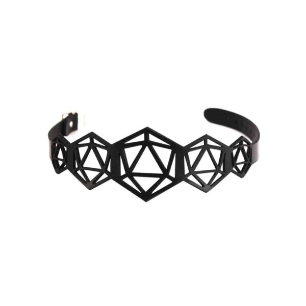 Black leather choker collar lace hexagonal and triangular shapes BLASTED SKIN at Brigade Mondaine