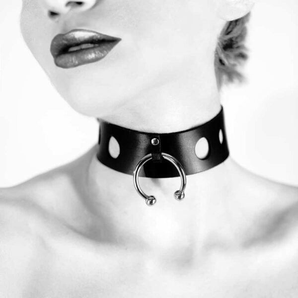 Black lace leather choker necklace with metal ring BLASTED SKIN at Brigade Mondaine