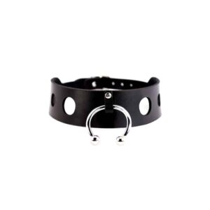 Black lace leather choker necklace with metal ring BLASTED SKIN at Brigade Mondaine