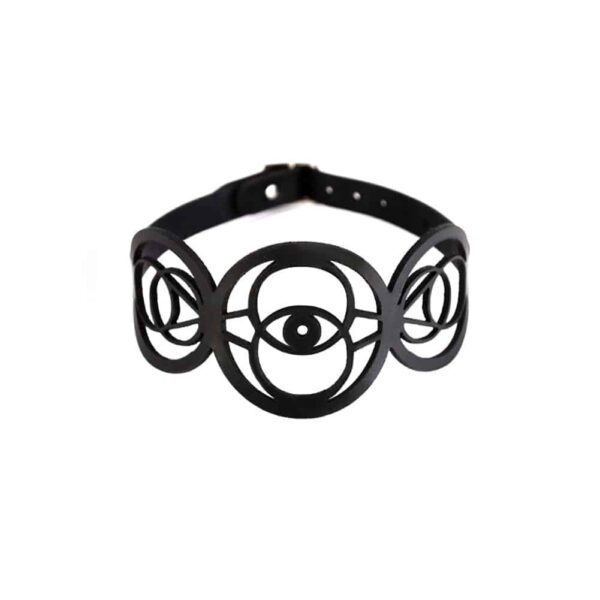 Black leather choker necklace lace round shape fish eyes BLASTED SKIN at Brigade Mondaine