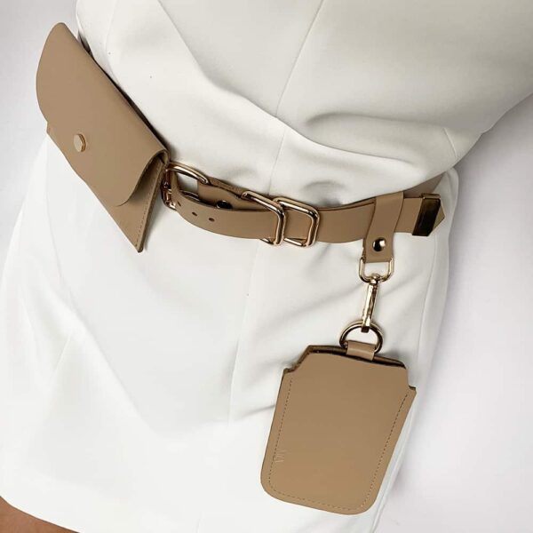 ALBANE BELT with two removable beige leather pockets and gold metal finishes by MIA ATELIER at BRIGADE MONDAINE