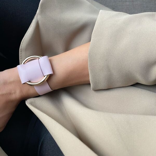 ANNA BRACELET in Pink Nappa Leather with a large gold metal ring in the middle of MIA ATELIER at BRIGADE MONDAINE