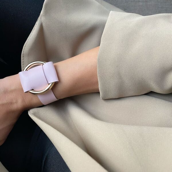 ANNA BRACELET in Pink Nappa Leather with a large gold metal ring in the middle of MIA ATELIER at BRIGADE MONDAINE