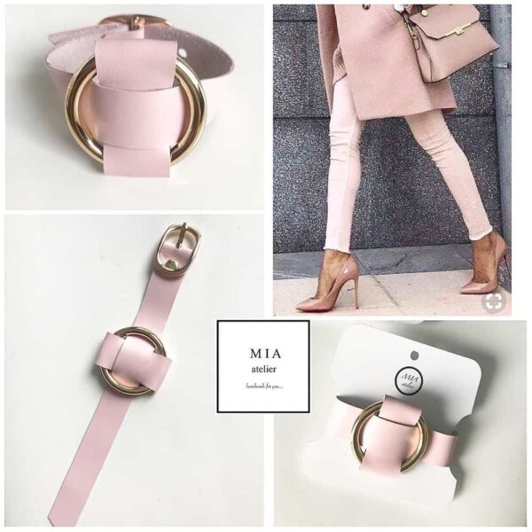 Adjustable ANNA BRACELET in pink Nappa leather with a golden metal ring in the middle, ideal for a chic outfit from MIA ATELIER at BRIGADE MONDAINE