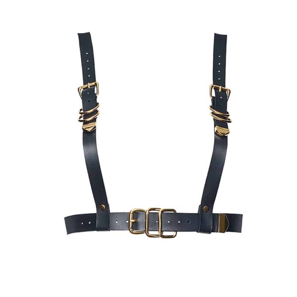 Verstellbare GLORIA HARNESS aus schwarzem Leder mit goldfarbenen Metallbeschlägen, von der Designerin MIA ATELIER bei BRIGADE MONDAINE