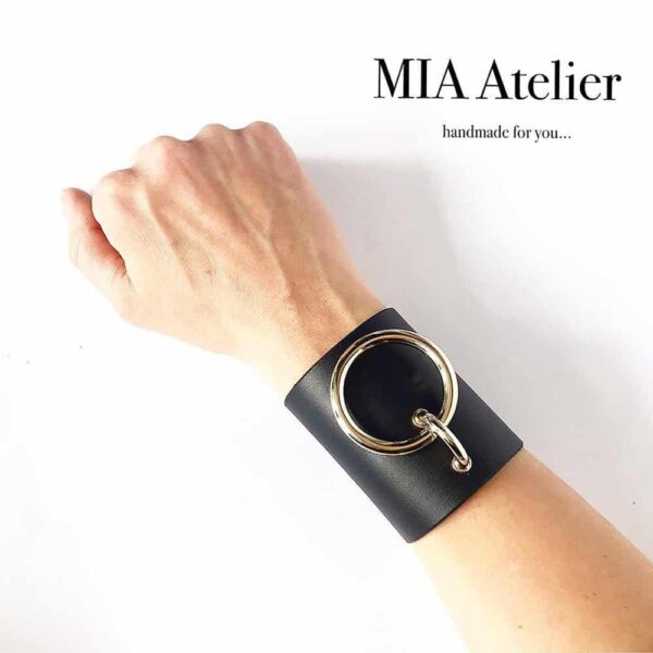 MARIA BRACELET in black leather with large gold metal ring by MIA ATELIER at BRIGADE MONDAINE