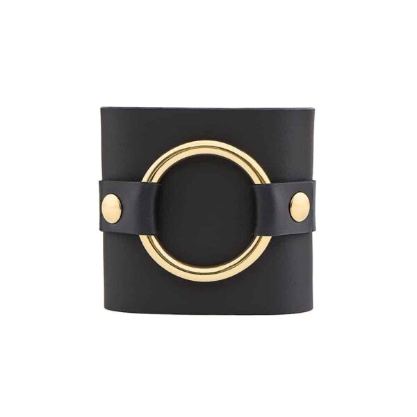 PETIA BRACELET in black leather with a wide ring plated against the adjustable wrist by MIA ATELIER at BRIGADE MONDAINE