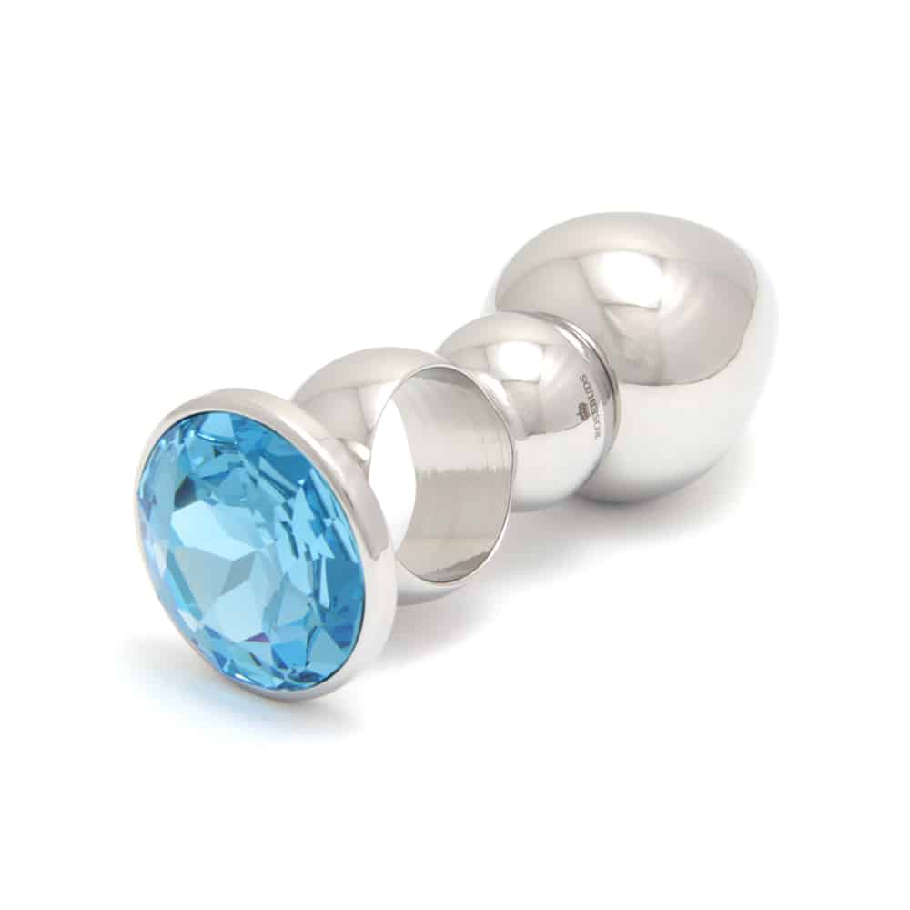 Stainless steel ROSEBUDS anal plug with ring and blue crystal stone at Brigade Mondaine