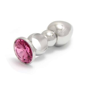 Stainless steel ROSEBUDS anal plug with ring and pink crystal stone at Brigade Mondaine