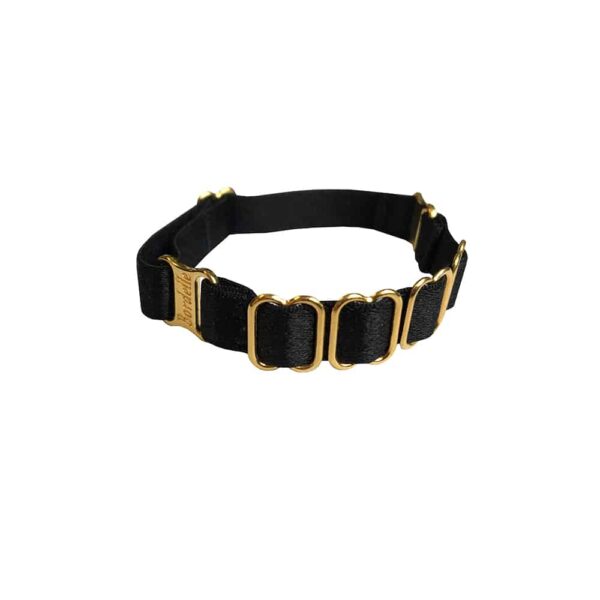 Adjustable black Kew Cuff, in satin elastic and 24 Carat gold plated, from the BODELLE brand SIGNATURE collection at BRIGADE MONDAINE