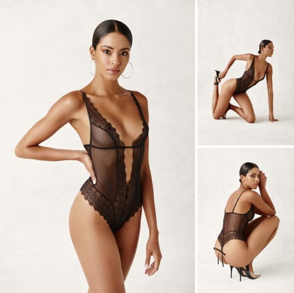 Black G-spot BODY, décolleté, made of lace and real Majorcan pearls, from the BRACLI brand GENEVA collection at BRIGADE MONDAINE