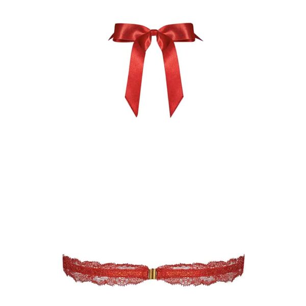 Red open cup bra with red satin and red lace bare back with glass bead from CADOLLE GEISHA collection at BRIGADE MONDAINE