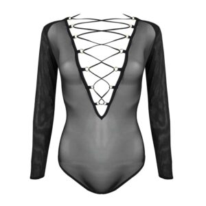 Black lace-up fishnet bodysuit with long sleeves and laces seen from behind by ELF Zhou London Lingerie at Brigade Mondaine