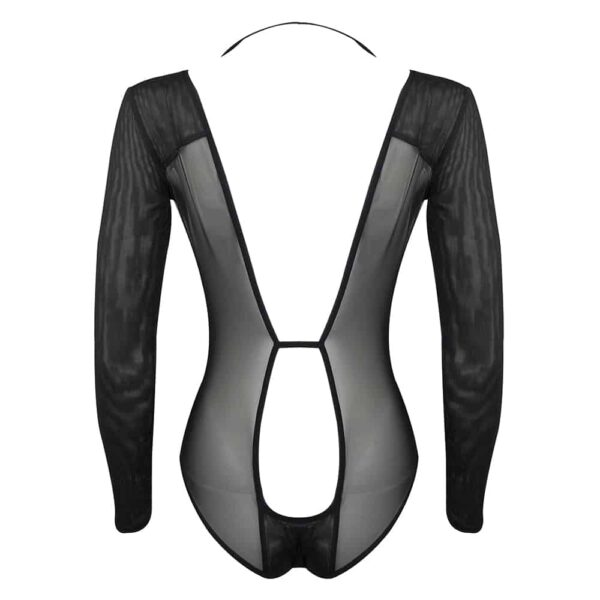 Black fishnet bodysuit seen from the front on a white background laced with 24 carat gold plated by ELF Zhou London Lingerie at Brigade Mondaine