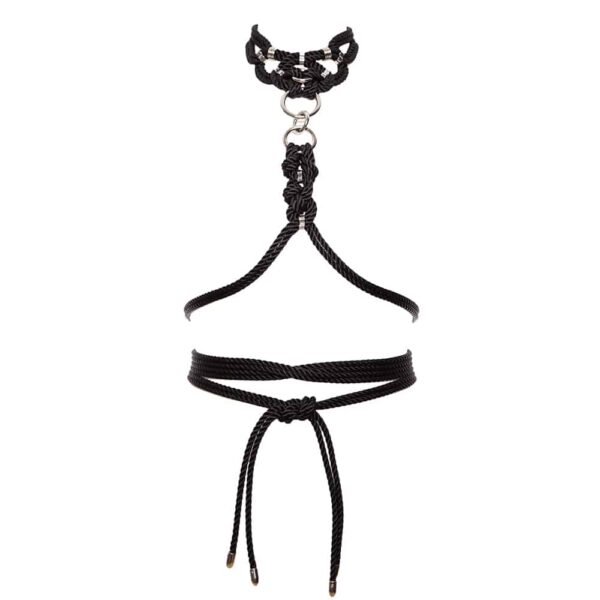Harness with black rope collar, tightened at the waist and silver details
