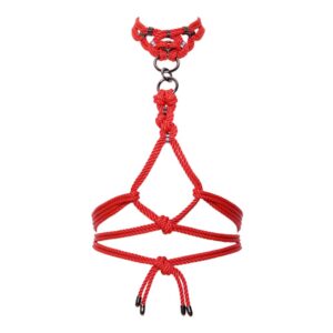 Harnais avec coller BDSM en cordes rouges avec détails en argent noir