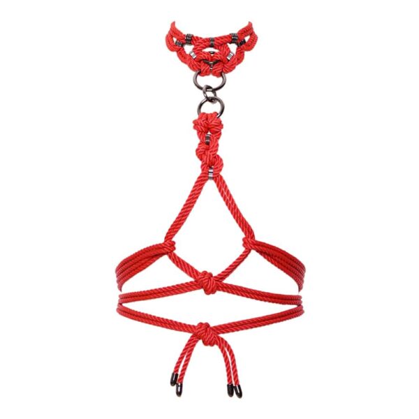BDSM Harness mit Kleber aus roten Seilen mit Details in schwarzem Silber
