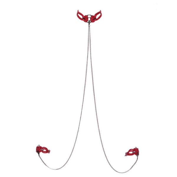 Conjunto Collar y Esposas en rojo y cuerdas de plata, gargantilla con cadenas