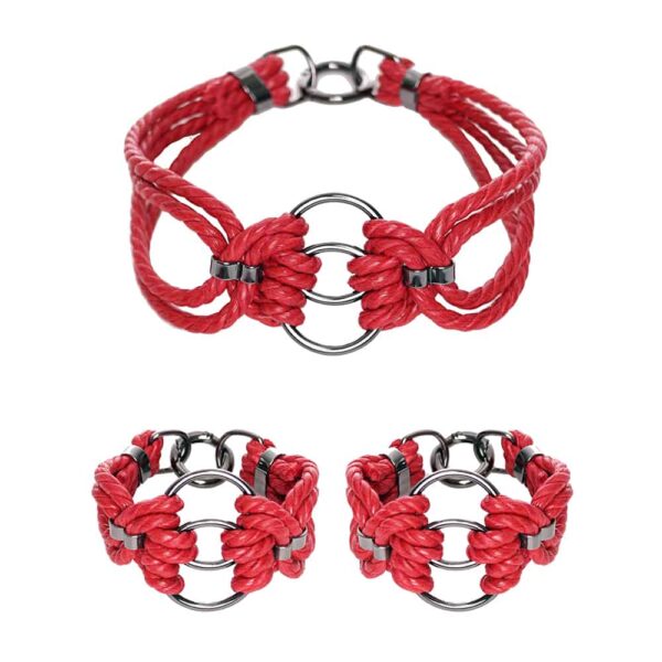 Red and silver necklace and handcuffs set, choker with chains