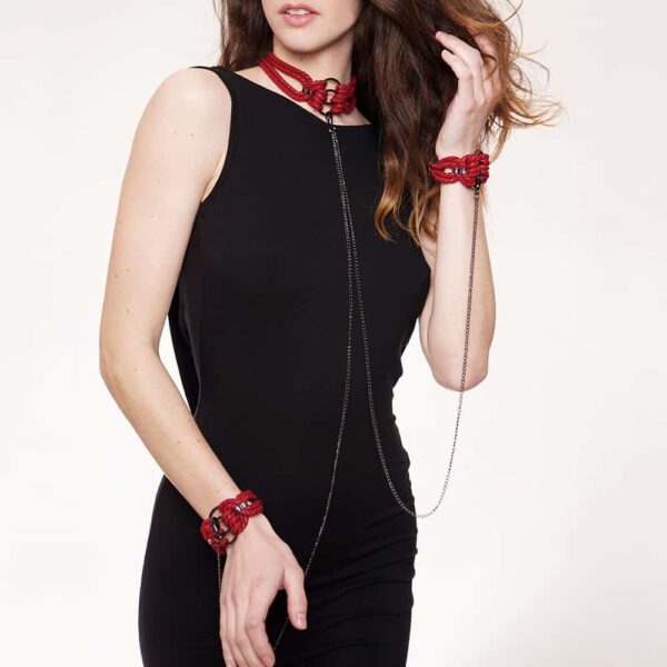 Red and silver necklace and handcuffs set, choker with chains