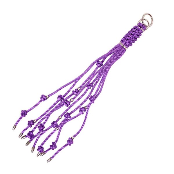 Keyring in the shape of a shibari whip with purple and silver knots