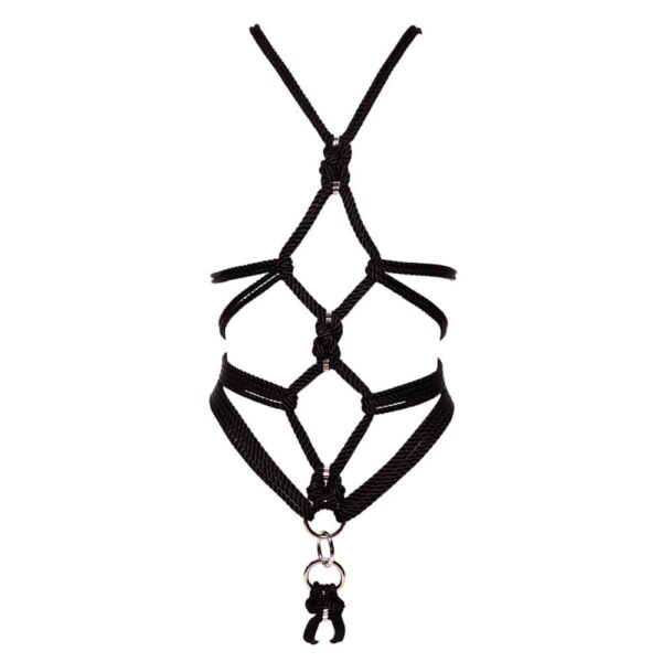 Harnais bdsm en cordes noires avec détails en argent et morceau pour être attaché