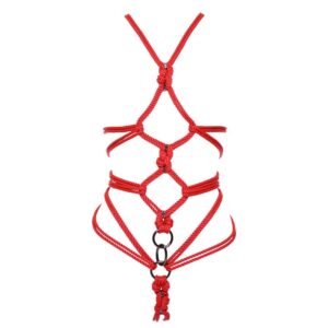 Red rope bdsm harness with black silver details