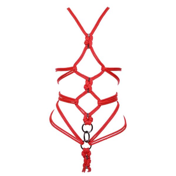 Red rope bdsm harness with black silver details