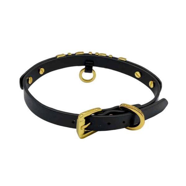 Collar de cuero negro italiano de la marca UPKO con ganchos y anillos chapados en oro de 24 quilates vistos desde atrás presentados sobre un fondo blanco de la colección de edición limitada UPKO X Brigade Mondaine disponible en Brigade Mondaine