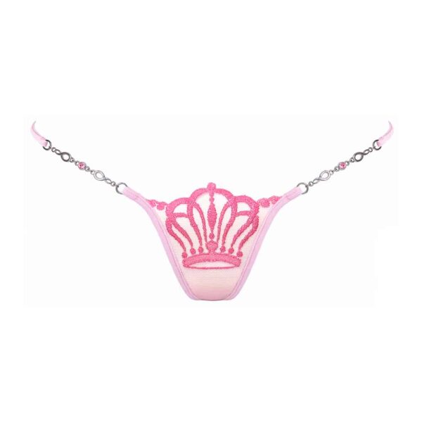 Queen of Love mini thong in pink, with crown on the front of the thong, and jewel details, very low cut.