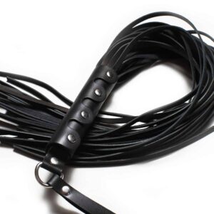 Black leather Bdsm whip with silver details on the handle and Baed Stories logo