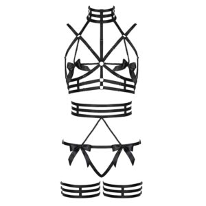 Harness-style set, black color with many fabric details, it is composed of: d'an open top with two bow ties at the nipples, it goes up to l'around the con and goes down on the ribs, the panties open on the front and on the buttocks has a bow tie at l'at the back and on the top of the thighs in front, it is attached to a belt tightening the waist , finally there are also black garters