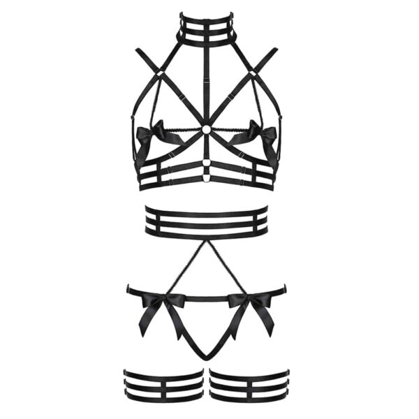 Harness style set, black color with many details of fabrics, it is composed of an open top with two bow ties located at the level of the nipples, it goes up to the con and goes down on the ribs, the open panties on the front and on the buttocks has a bow tie at the back and on the top of the thighs in front, it is attached to a belt tightening the waist, finally there are also black garters