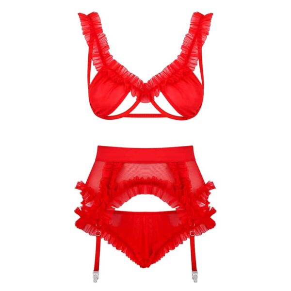 Conjunto de fiesta en rojo con volantes compuesto por sujetador con aberturas, liguero con volantes y braga abierta hasta las nalgas con nudos.