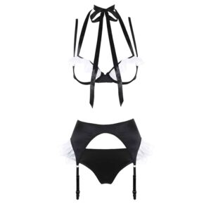 Sexy black maid costume with white flounces on the breasts and hips. It is composed of d'an open bra letting appear the breasts, a knot around the neck, a black garter belt and black panties.