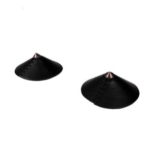 Pasties by Elif Domanic. These Pasties are made of black leather with a conical shape and a conical iron reinforcement at the top of each piece. Black stitching is also present on the product.