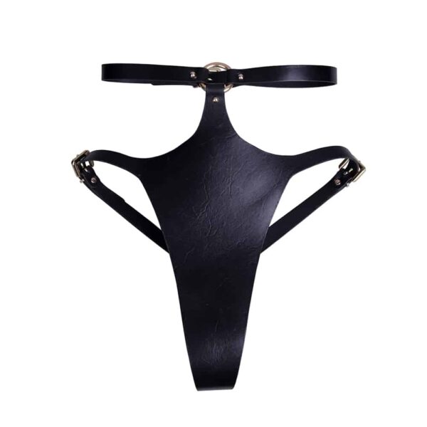 Black leather bondage thong Freya from Elif Domanic. This thong has a high waist that fastens on the backside with a thin gold coloured buckle. The front part is split on the high ends and is connected to the waistband by a ring and three nails. At the back the leather string is also quite thick and decorated with studs on the high part.