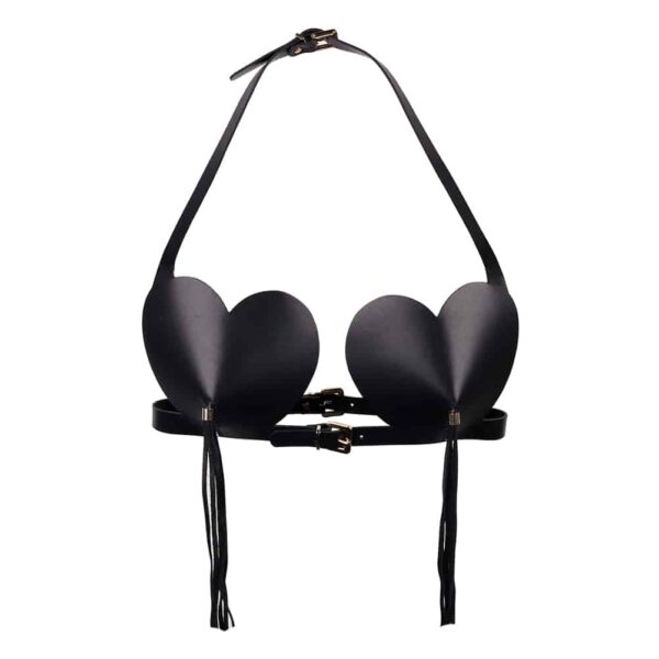 Black leather bra from Elif Domanic. The cup of this bra is heart-shaped with a pendant accessory in the middle designed with wires held by a silver hook. The bra is fastened at the chest, middle of the back and neck with small silver buckles. The product does not contain straps.