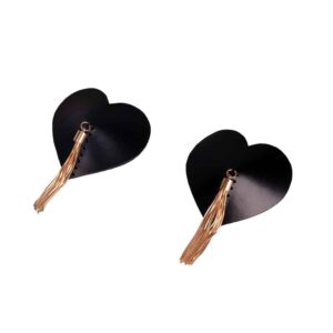 Pasties de la marque Elif Domanic. Ces Pasties sont en cuir noir en forme de coeur avec au sommet de chaque pièce un pompom pendant en fil rigide de couleur doré. Une surpiqure noire est également présente sur le produit.