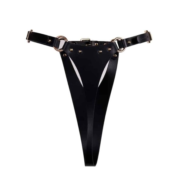 Black leather bondage thong Hera by Elif Domanic. This thong has a high waist that is fastened at the front with a thin gold coloured buckle. The front part is split in the middle and is connected to the waist with two rings and some nails at the hips. On the sides, two fine buckles allow to attach the product and to adjust it. At the back, the leather string is also quite thick and decorated with nails on the upper part. Inside the product there is a golden plate with the brand name embossed on it.