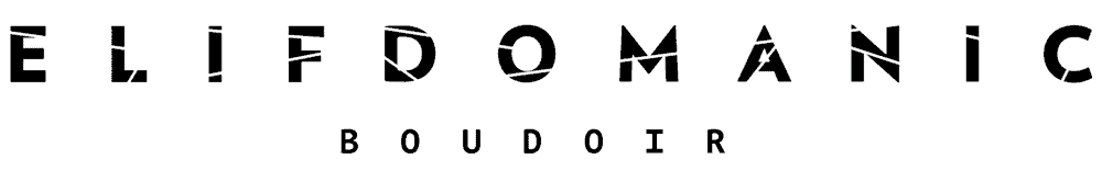 Logo der Marke ELIF DOMANIC. Es besteht aus zwei Zeilen, der ersten mit elif domaine in Großbuchstaben und einigen linearen Radierungen. Und die zweite mit dem Wort Boudoir in einfachen schwarzen Großbuchstaben.