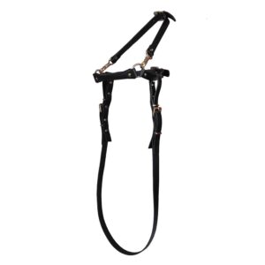 Gag head harness in black leather from Elif Domanic. A strap placed at the level of the mouth is maintained by two golden rings to another strap which is placed at the back of the skull. Another strap much longer is attached to the whole by a loop and loops.