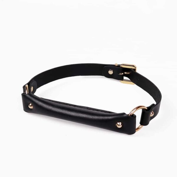 Black leather strap with a padded support on the front part of the product, it also has gold studs, rings and buckle. This strap is part of a head harness by Elif Domanic and its purpose is to restrain the head in a certain movement.