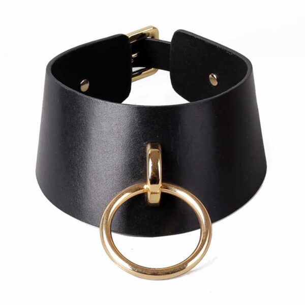 Black leather collar and leash set from Elif Domanic. On this picture, the choker is made of a large piece of leather covering a large part of the neck with a gold buckle as a pendant. The choker is attached at the back with a gold buckle.