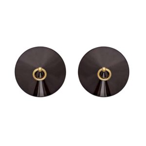 Black O gunmetal nippies by Bordelle. This pair of nippies is metallic plated with a 24 carat gold plated ring. The product is simple with the tapered black metallic part and at the top a small gold ball with a hanging ring.