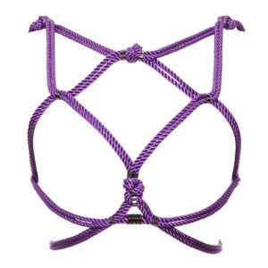 Hoshi Harness from Figure of A in lila color. This piece is made of waxed cotton ropes and silver beads in zinc and brass alloy. It is worn over the ribcage and contains an interlacing of ropes that wrap around the breasts and waist.