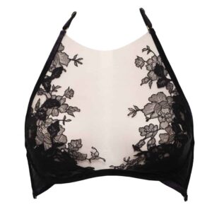 Halter Collection Bra Syntosis Nude Sunkissed by Herve by Celine Marie. The full bra is shaped with black velvet elastics and a transparent fabric with black lace. The outer corner of each cup is reinforced with black fabric. The rings of the bra are golden.